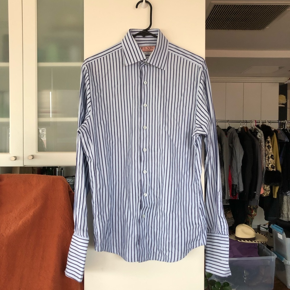 PINK Striped men’s dress shirt, double French cuffs, Sz 15